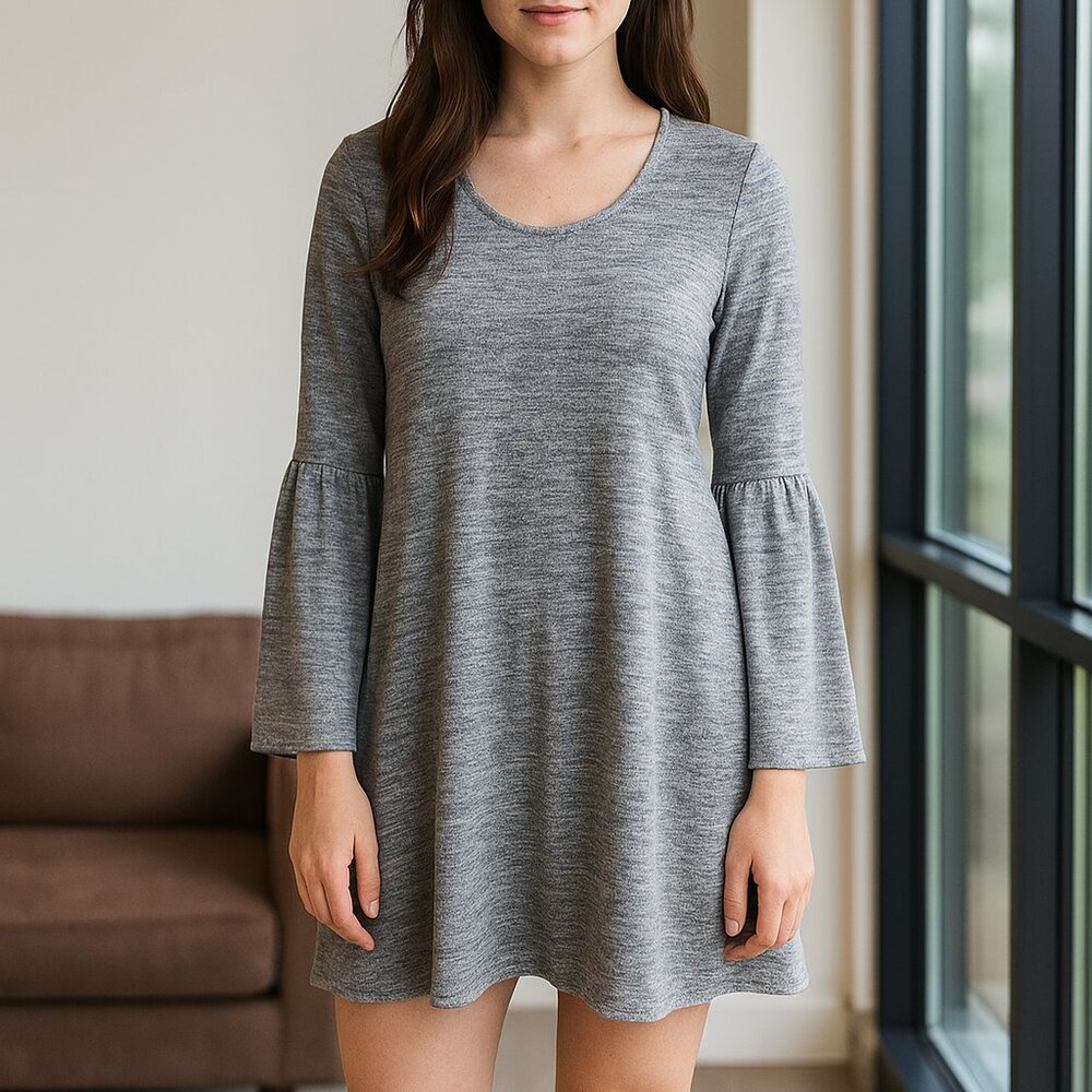 NWT Kensie Gray CHOKER Neck‎ Band Heathered Flare Sleeve Mini Sexy Boho Dress S